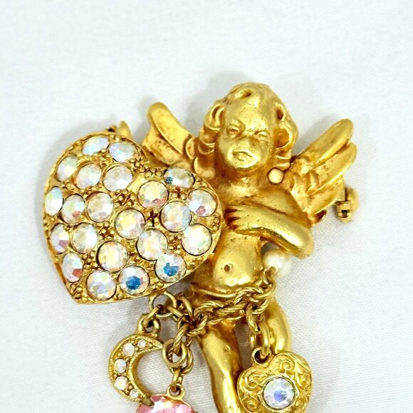 Rare Kirk's Folly Cherub Angel w/Rhinestone Heart Gold-Tone Angel Brooch - Picture 4 of 8